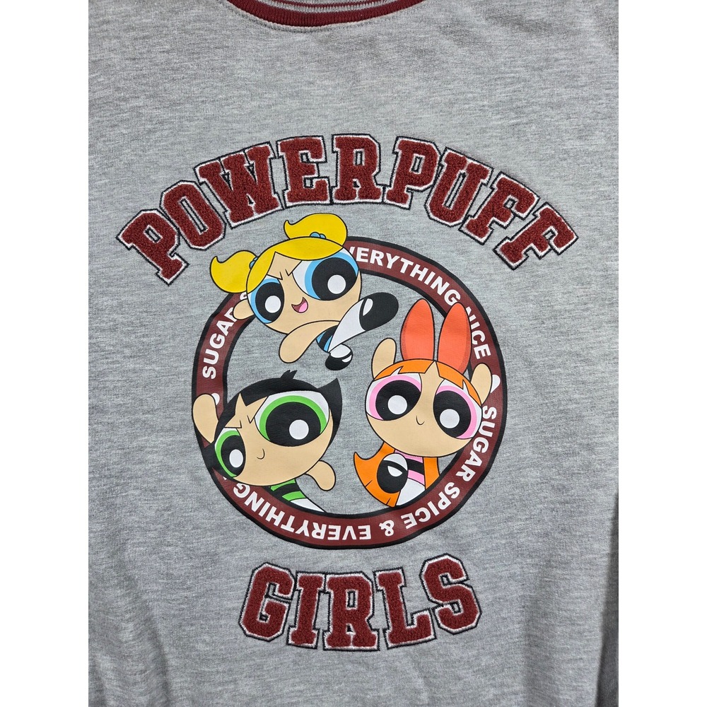Cartoon Network Powerpuff Girls Sweatshirt L Grey Women Varsity Graphic Pullover